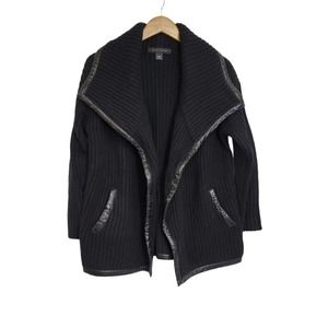 Ralph Lauren Black Label Black Merino Wool Blend Leather Trim Cardigan Sweater M